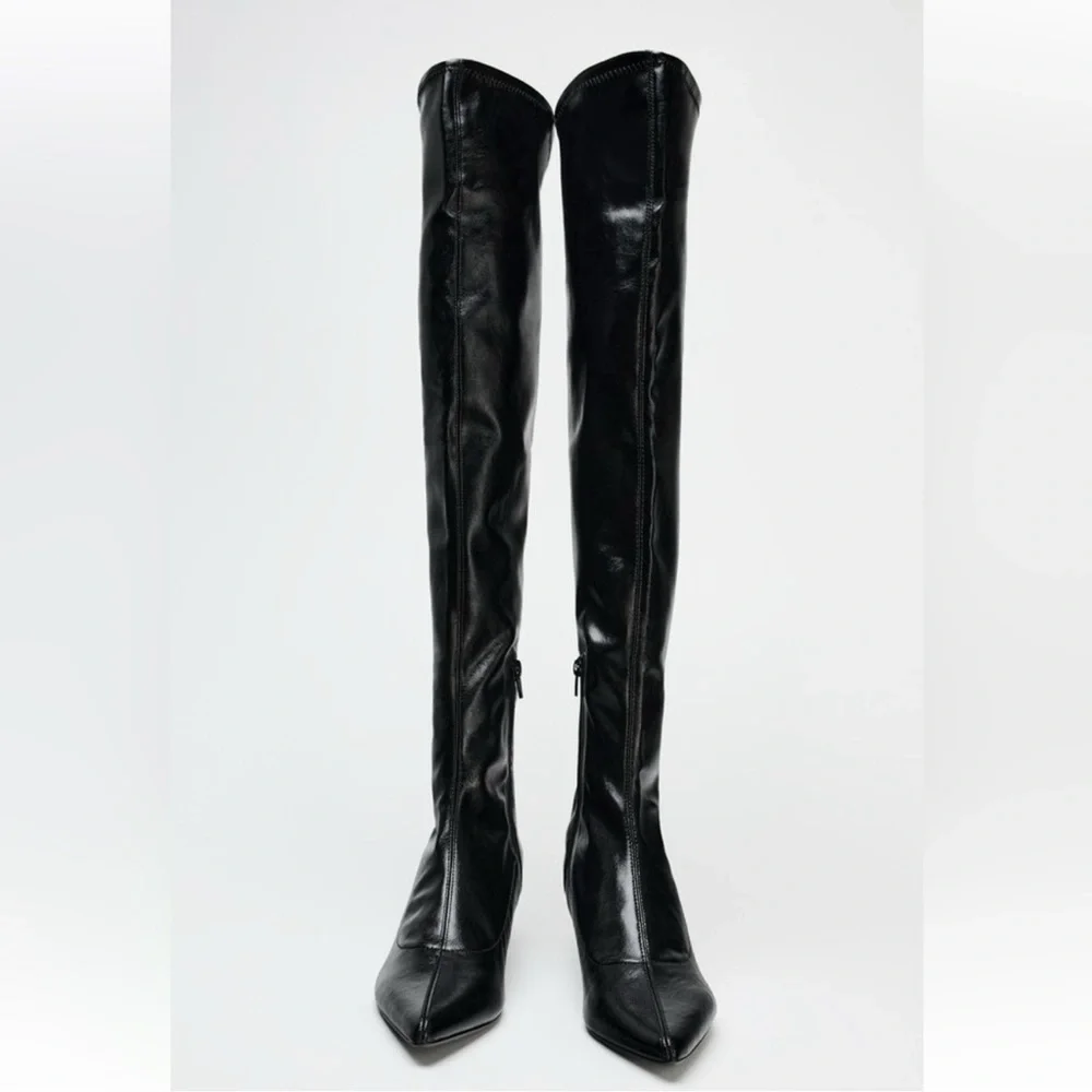 Zara | Shiny Black Over the Knee Boots